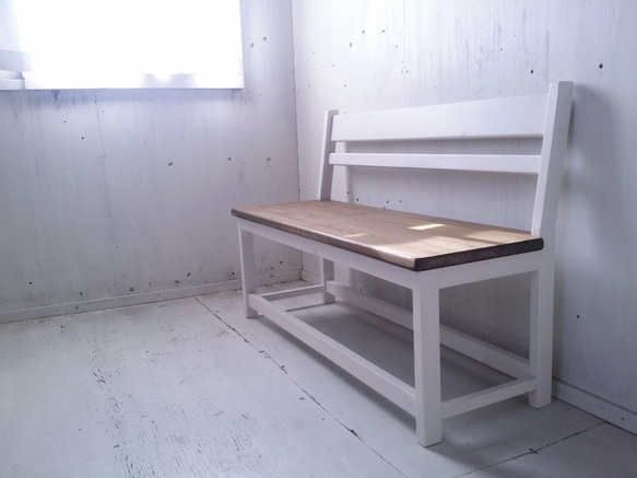 無垢ヒノキで造る家具　アンティーク風　背もたれ付ベンチチェア　オーダー可　カフェ風インテリア　店舗什器　ベンチ　　　　　 6枚目の画像