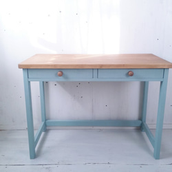 kankan 檜の無垢の机セット　机のみ　送料込み 無垢ヒノキで造る家具 アンティークブルー 学習机 作業台 ミシン