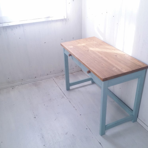 無垢ヒノキで造る家具 アンティークブルー 学習机 作業台 ミシン台