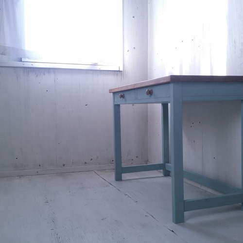 無垢ヒノキで造る家具 アンティークブルー 学習机 作業台 ミシン台