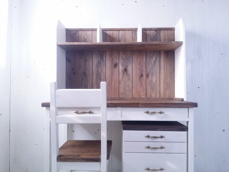 無垢材で造る　学習机　デスクワゴンお得な４点セット　パソコンデスク　アンテーク　ナチュラル　オーダー可　作業デスク