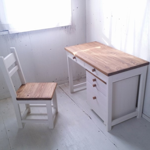 アンティーク風 無垢ヒノキ家具 学習机 3点セット ナチュラル