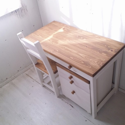 アンティーク風 無垢ヒノキ家具 学習机 3点セット ナチュラル