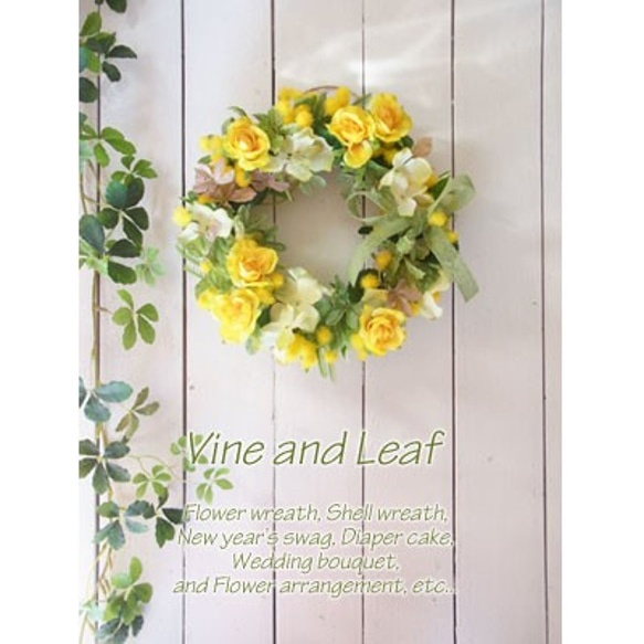 ミモザとバラのリース〜長く飾れるアーティフィシャルリース[W-17032] 4枚目の画像