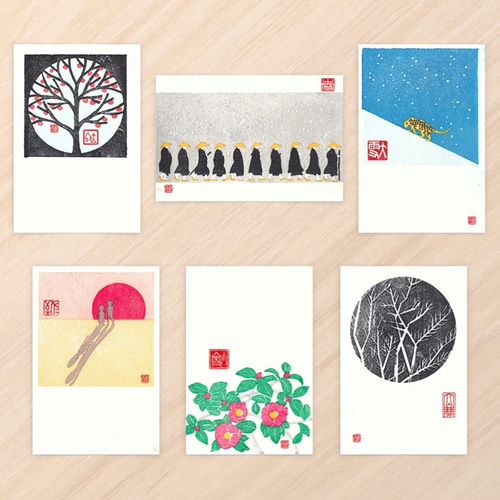 手刷木版画】季節のポストカード 『冬』6枚セット ♢全て手刷りです