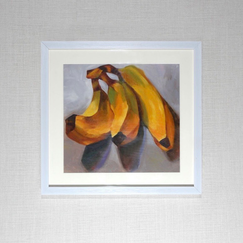 油絵 静物画『3本のバナナ』肉筆1点物 *アクリル板付 B12-AA909