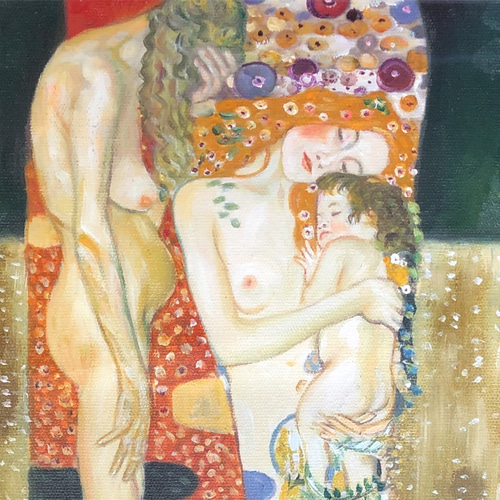 油絵 人物画『女の3世代』-クリムト模写 肉筆1点物 ☆アクリル板付