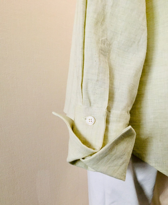 【遠州織物】オーガニック草木（お茶染）生地使用　後ろタック使いオーバーシャツ　　　イエロー 4枚目の画像