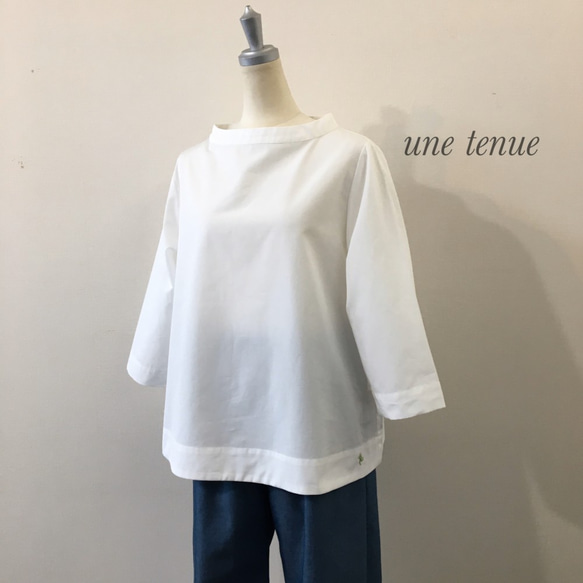 ＊秋・新作＊遠州織物　コットン　オフネックスタンドカラーブラウス・７分袖　＜ホワイト＞ 1枚目の画像