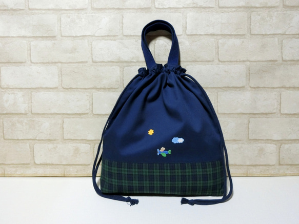 ファミリアワッペン付き《ひこうき》体操服入れ お着替え巾着 体操服袋 