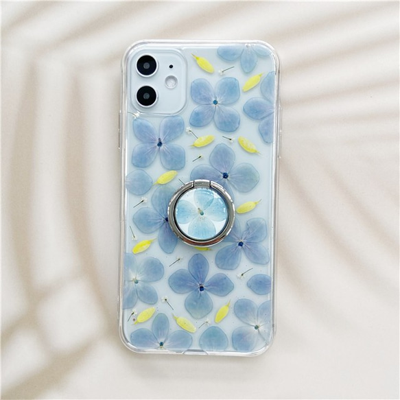 紫陽花、スマホリング付き、押し花ケース、iphone12、HUAWEI p20 紫陽花、スマホリング付き、押し花ケース、iphone12、HUAWEI p20