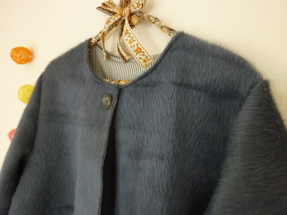 ノーカラージャケット　シャギーウール　ブルーグレー 4枚目の画像