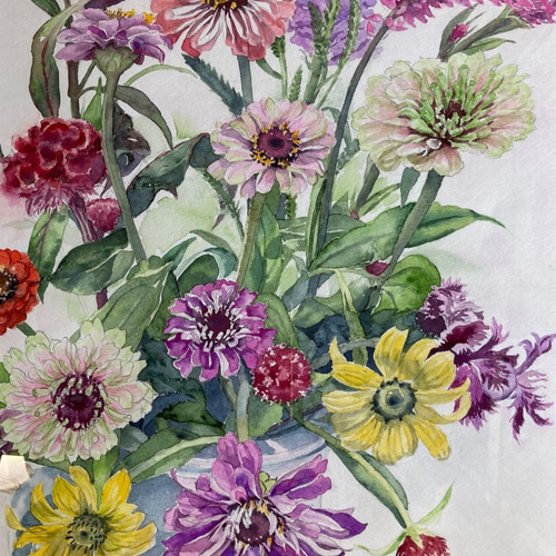 水彩画 花とサンタ 水彩画 原画