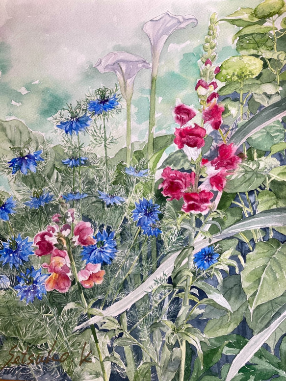 5月の庭」水彩画 原画 F6 金魚草とニゲラ 花の絵 庭の絵 絵画 5月の庭」水彩画 原画 F6 金魚草とニゲラ 花の絵 庭の絵 絵画