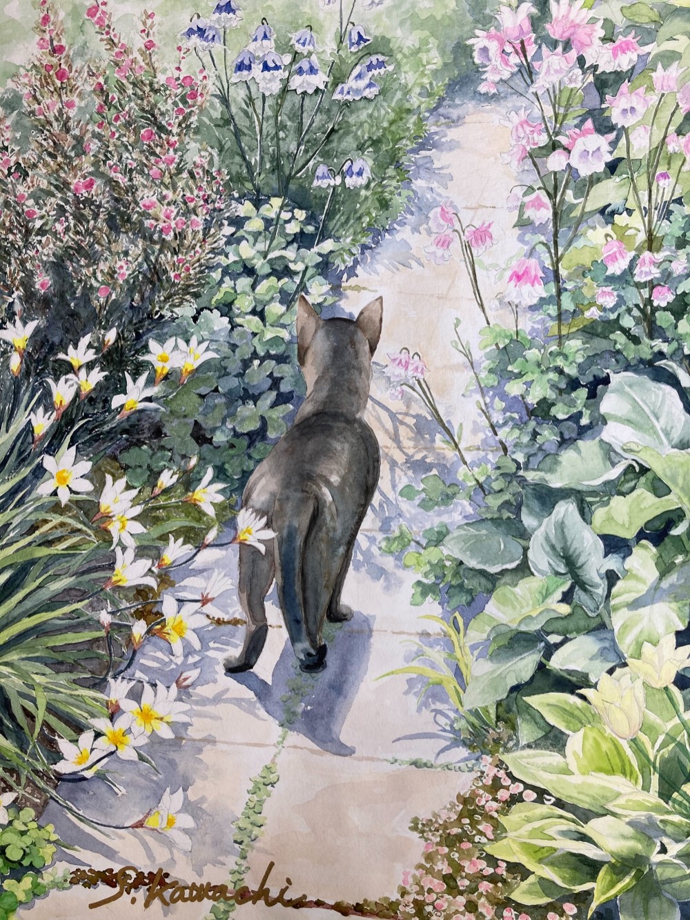 原画　ミニ絵画　オリジナル　猫　花 花畑猫　油彩画