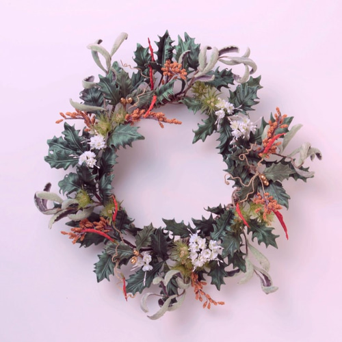 ヒイラギの森に赤とうがらし * サテン製 * クリスマスリース リース
