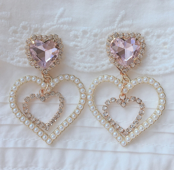 きらきら ピンク ハート ビジュー パール ゴールド ピアス イヤリング