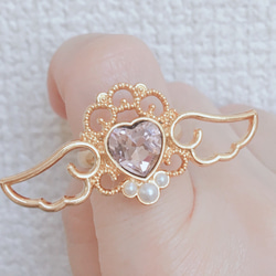 ピンク ハート ビジュー パール 天使 エンジェル 翼 ゴールド リング 指輪 2枚目の画像