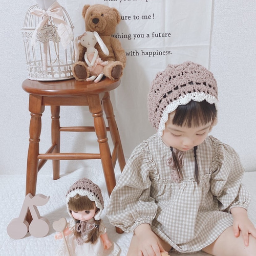 受注製作】コットンレースボンネット 帽子(ベビー・キッズ) jasmine  