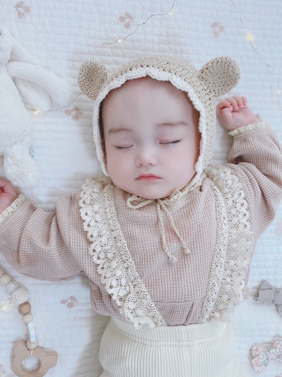 受注製作】くまみみフリルボンネット 帽子(ベビー・キッズ) jasmine