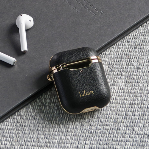 AirPods ケース エアポッヅ 第 1 & 2 世代 黒レザー 黒い革