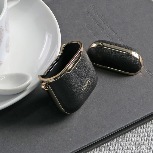 AirPods ケース エアポッヅ 第 1 & 2 世代 黒レザー 黒い革 ワイヤレス