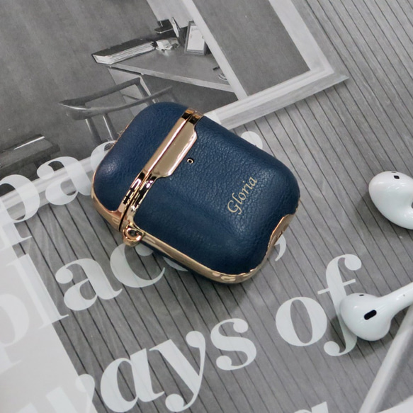 AirPods 保護套 Airpods 第一代和第二代藍色皮革藍色無線耳機保護套可打印名稱 第2張的照片