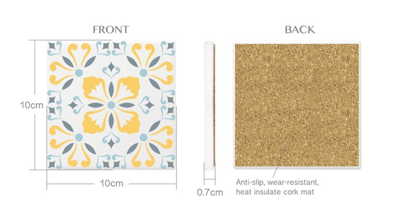 【4点セット】吸水性 珪藻土 コースター 花のタイル ファッション家の装飾 正方形の断熱マットプレースマット 7枚目の画像