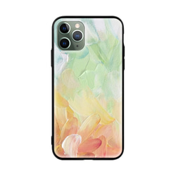 全機種対応 スマホケース緑と珊瑚色の抽象的な油絵 iPhone 13 12 Pro Max X XS Galaxy 対応 2枚目の画像