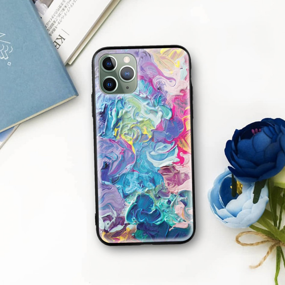 油絵 スマホケース【青と紫薔薇】iPhone8Plus/iPhone7Plus 全機種対応