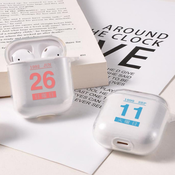 AirPods ケースエアポッヅ 第1&2世代 ピンクの透明なプラスチック ワイヤレスイヤホンケース印刷可能な特別な日付 3枚目の画像