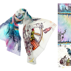 香港のアーティスト 芸術的手描きの夢見る鳥 100％純粋なシルクシ長いスカーフ 1枚目の画像