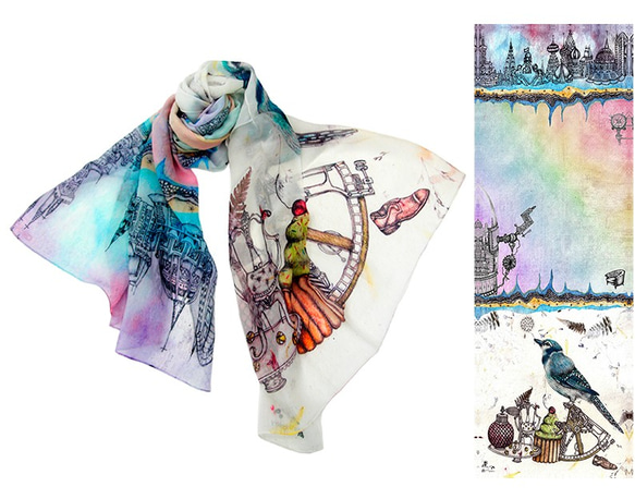 香港のアーティスト 芸術的手描きの夢見る鳥 100％純粋なシルクシ長いスカーフ 1枚目の画像