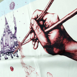 香港のアーティスト 芸術的手描きのキツネと箸 100％純粋なシルクシフォンスクエアスカーフ 4枚目の画像