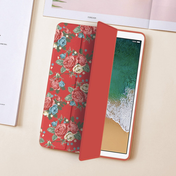 全機種対応 赤いバラのパターン iPad Pro・Air・mini ケース Apple Pencil 収納可能 2枚目の画像