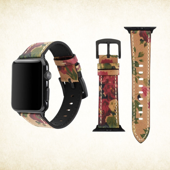 Apple Watch アップルウォッチ バンド 2柄 ヴィンテージ花柄レザーバンド 交換用ベルト 4枚目の画像