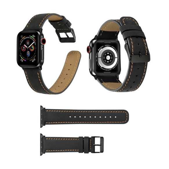 Apple Watch アップルウォッチ バンド 4色 黒茶色のひび割れた本革の時計バンド 交換用ベルト 2枚目の画像