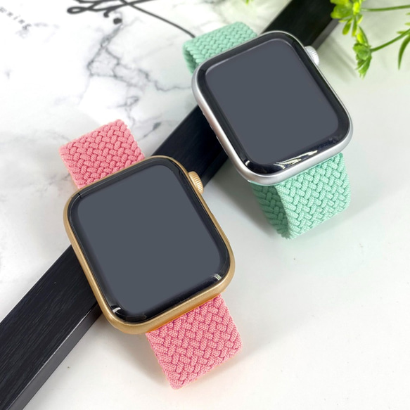 【新色】Apple Watch 7代兼容Apple Watch錶帶淺粉色彈力迷彩編織帶 第3張的照片