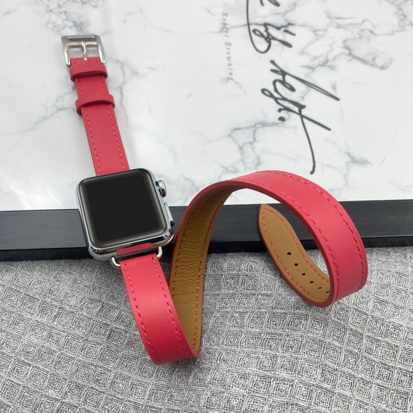 Apple Watch アップルウォッチ バンド 6色 赤 茶色 黒 青 白い 灰褐色 ダブルリング本革ストラップ 4枚目の画像
