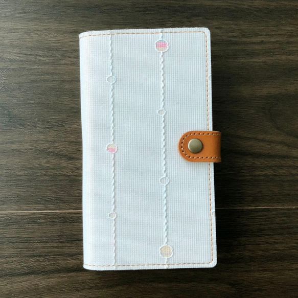 全機種対応 スマホケース 手帳型 【 刺繍 水玉ライン 】スマホ 刺繍  ドット ライン パステル A018A 3枚目の画像