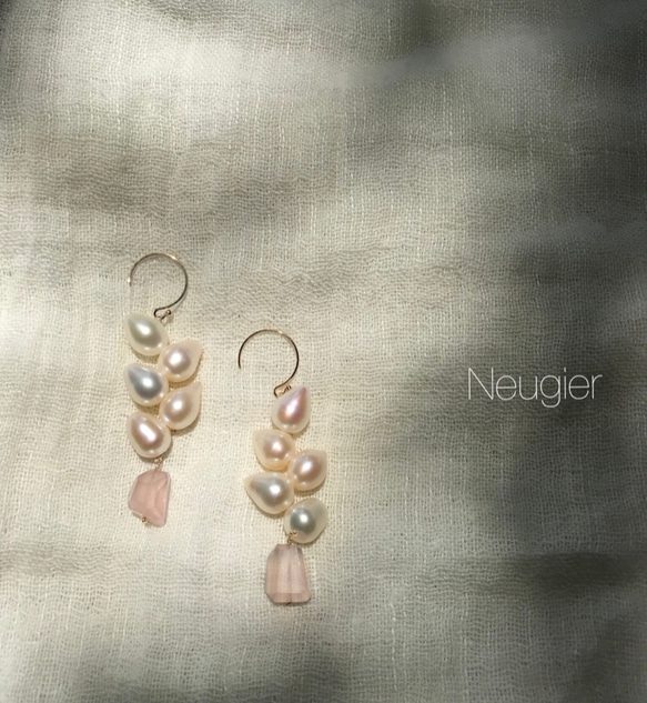 【限時免運費】Neugier K14gf Laurel 淡水珍珠和玫瑰石英耳環（耳環） 第1張的照片
