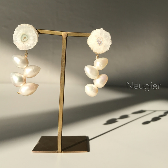 免費送貨 Neugier Solar Flower 太陽能石英和淡水珍珠 2way 耳環 第4張的照片