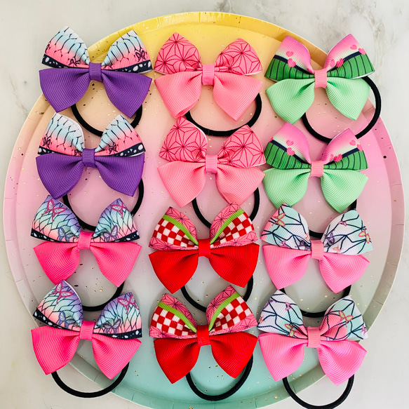 約6センチリボン】 ヘアゴム 蝶々柄 麻の葉柄 女の子 12個セット  