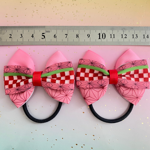 ツインテール ヘアゴム リボン ヘアアクセ 蝶々柄 市松模様 麻の葉柄  