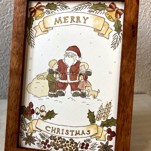 クリスマス原画 「サンタさんと子供たち」 絵 イラスト 水彩 壁掛け
