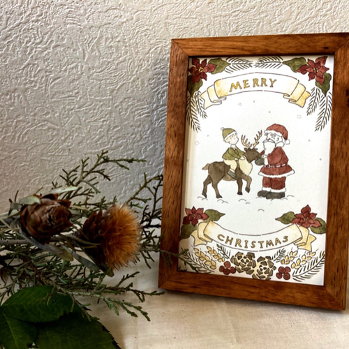 クリスマス原画 「サンタさんとトナカイ」 絵 イラスト 水彩 壁掛け