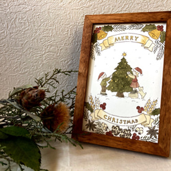 クリスマス原画　「クリスマスツリーの飾りつけ」　絵　イラスト　水彩　壁掛け　手描き　家族　絵本風 2枚目の画像