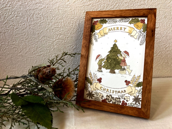 クリスマス原画　「クリスマスツリーの飾りつけ」　絵　イラスト　水彩　壁掛け　手描き　家族　絵本風 2枚目の画像