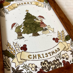 クリスマス原画　「クリスマスツリーの飾りつけ」　絵　イラスト　水彩　壁掛け　手描き　家族　絵本風 4枚目の画像