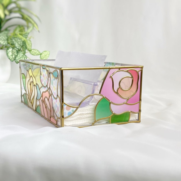 ペーパータオルケース(キッチンペーパーケース)　イエローとピンクのバラ　ゴールドライン　ステンドグラス風グラスアート 4枚目の画像